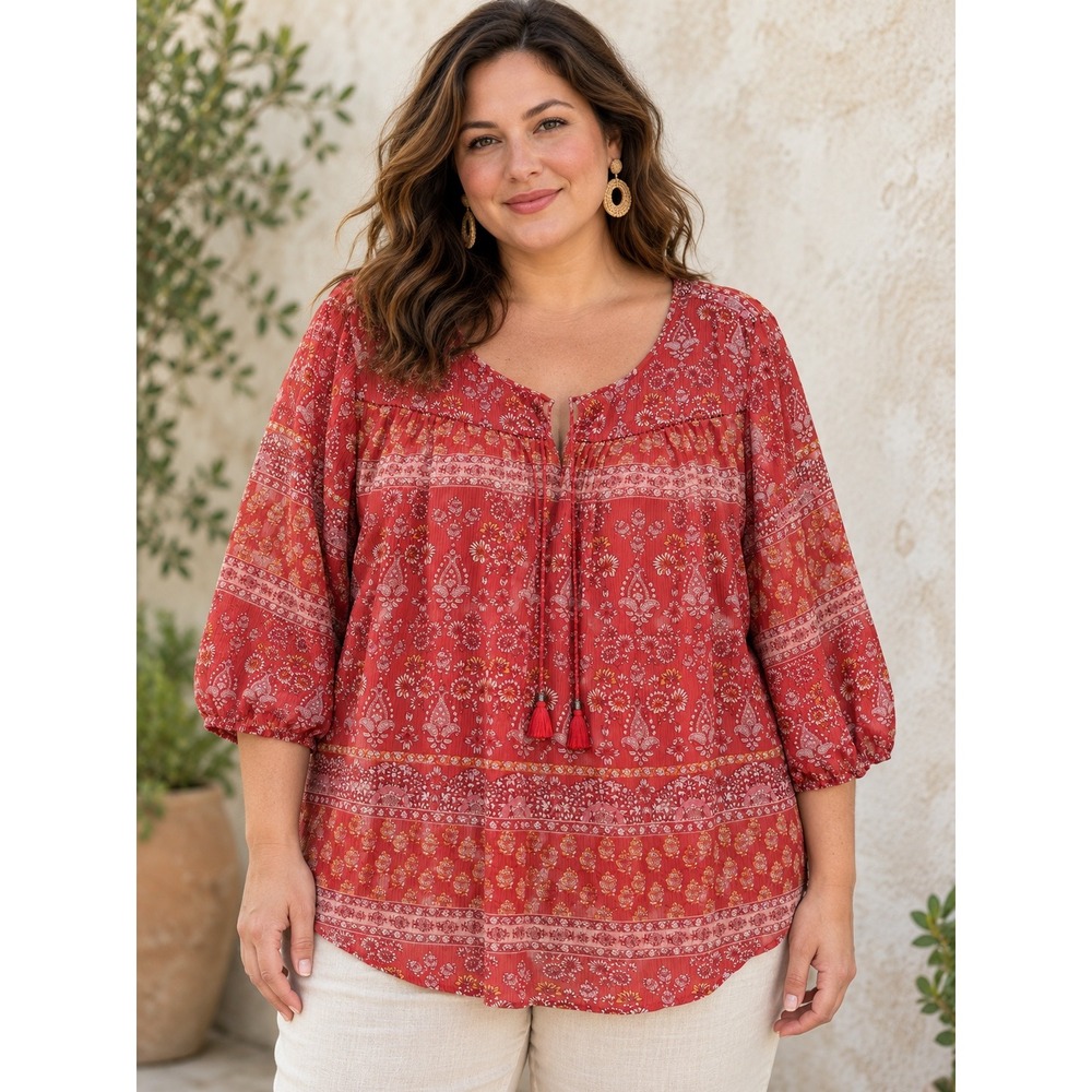 St John's Bay Peasant Blouse Womens 2X Red Handkerchief Paisley  Tassel Pleated